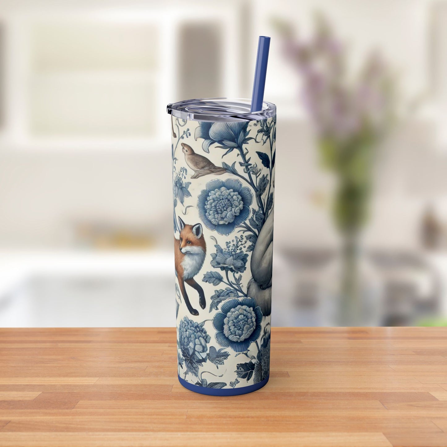 Chinoiserie Blue & White Forest Animals Tumbler | 20oz Maars Stainless Steel Insulated Tumbler with Lid & Straw | Fox & Rabbit Floral Travel Mug