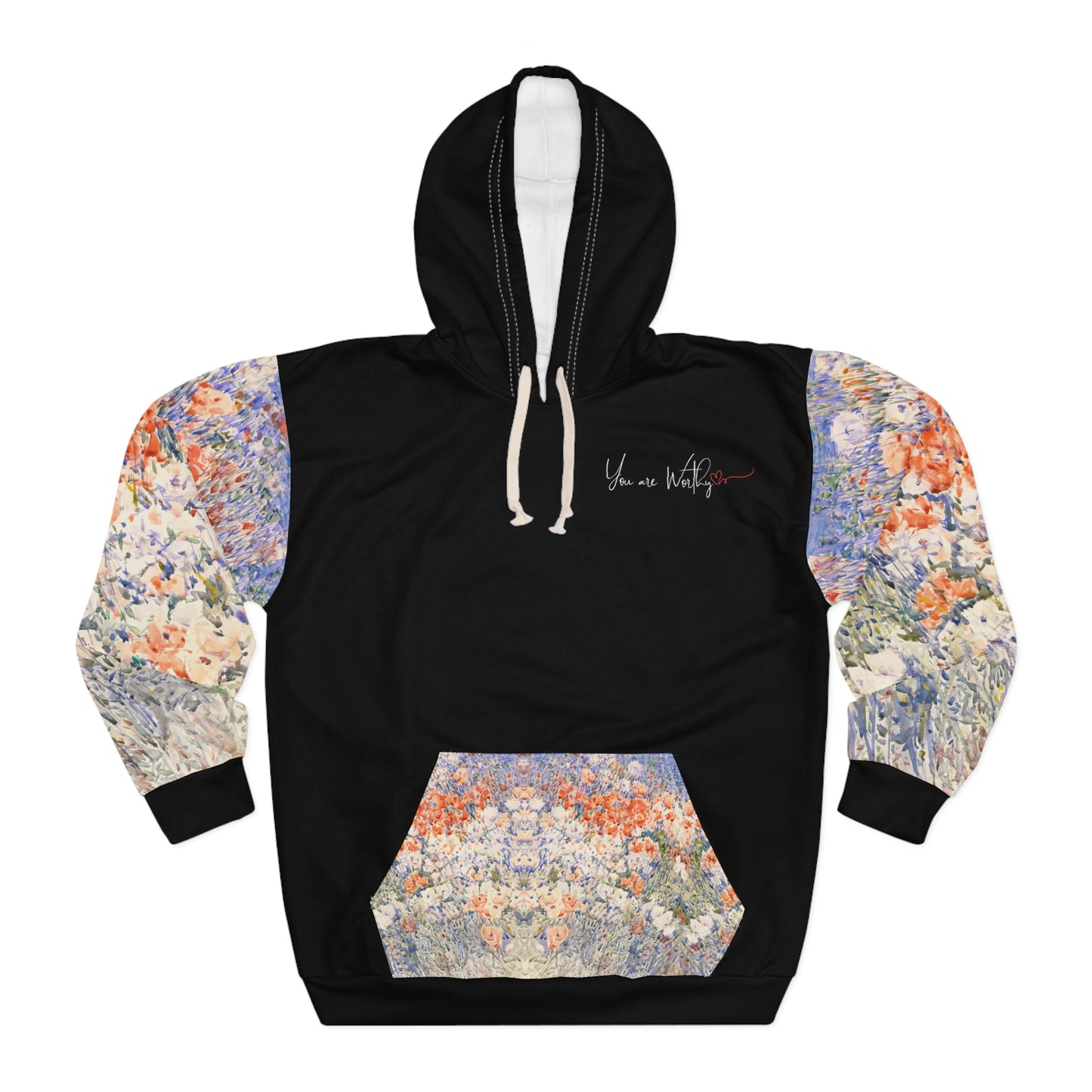 Front view of the inspirational floral hoodie with “You are Worthy” text and vibrant floral sleeves.