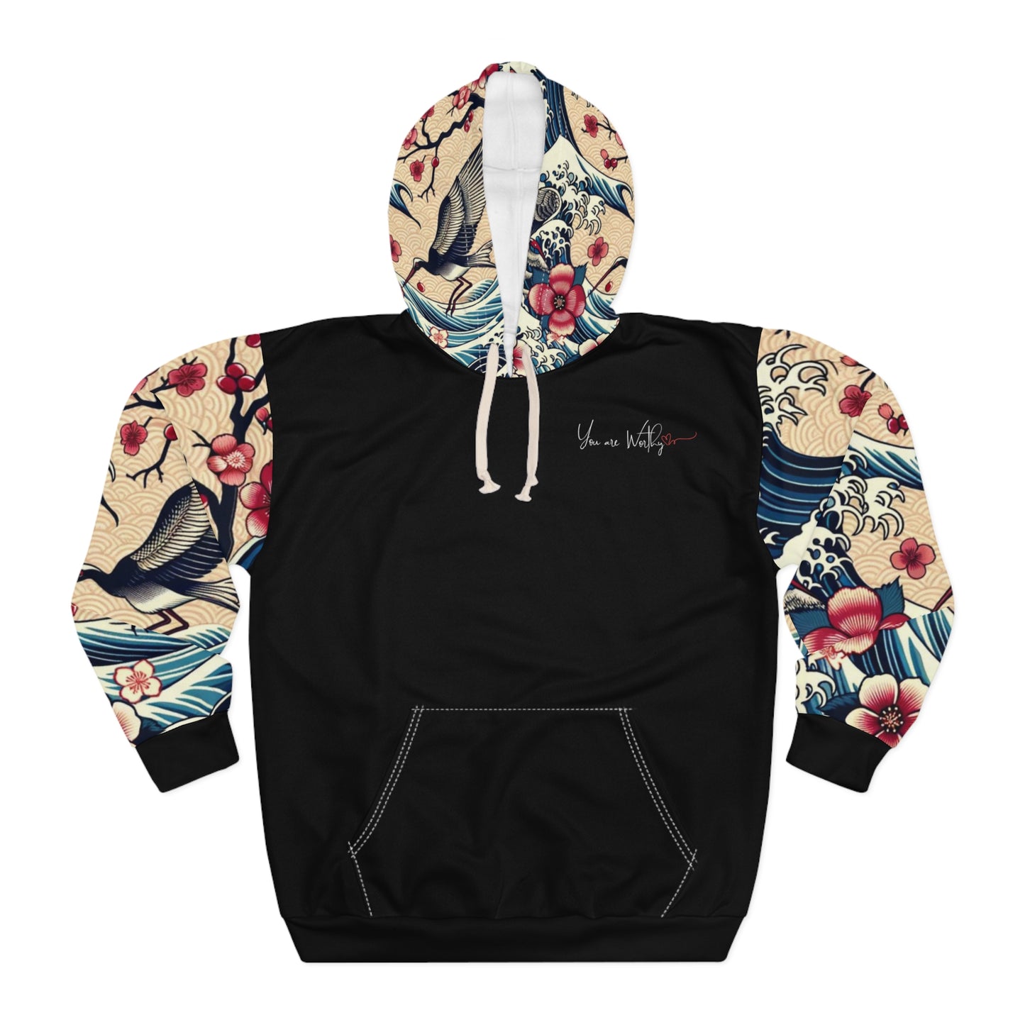 Front view of a black hoodie featuring a vintage Japanese floral print on the sleeves and hood, with 'You Are Worthy' text on the chest.