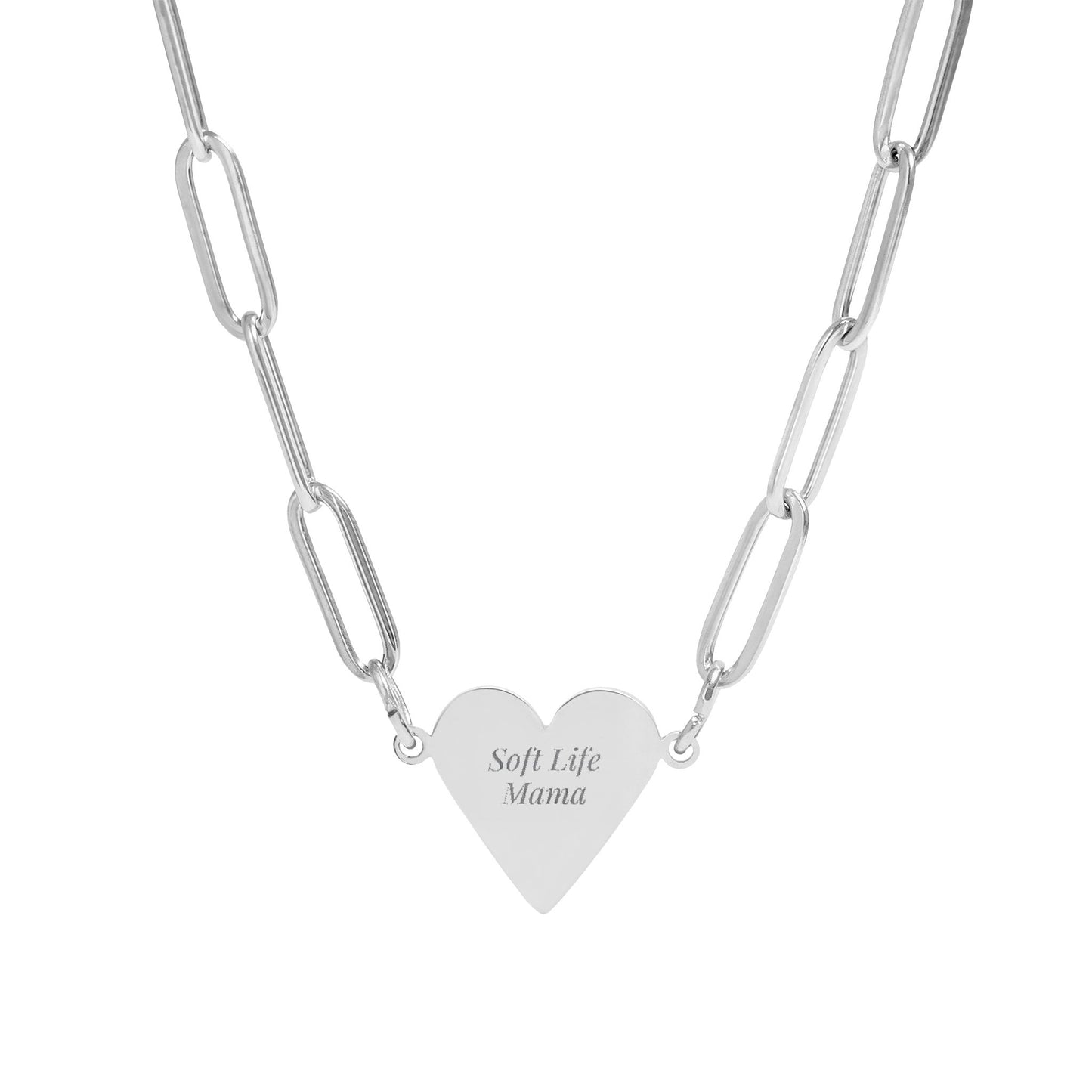Silver chain necklace with a heart-shaped pendant on a white background
