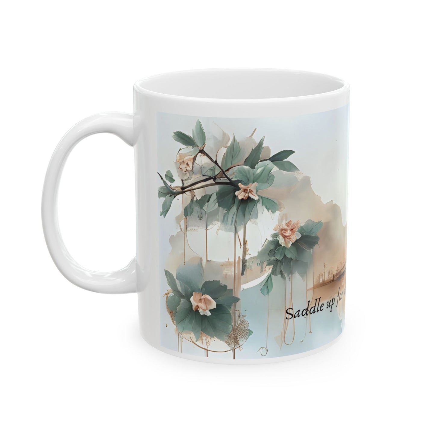 Personalized Western-Themed Coffee Mug | Floral Horsewoman Design | Saddle Up for a Beautiful Day | Custom Name | Available in 11 oz and 15 oz