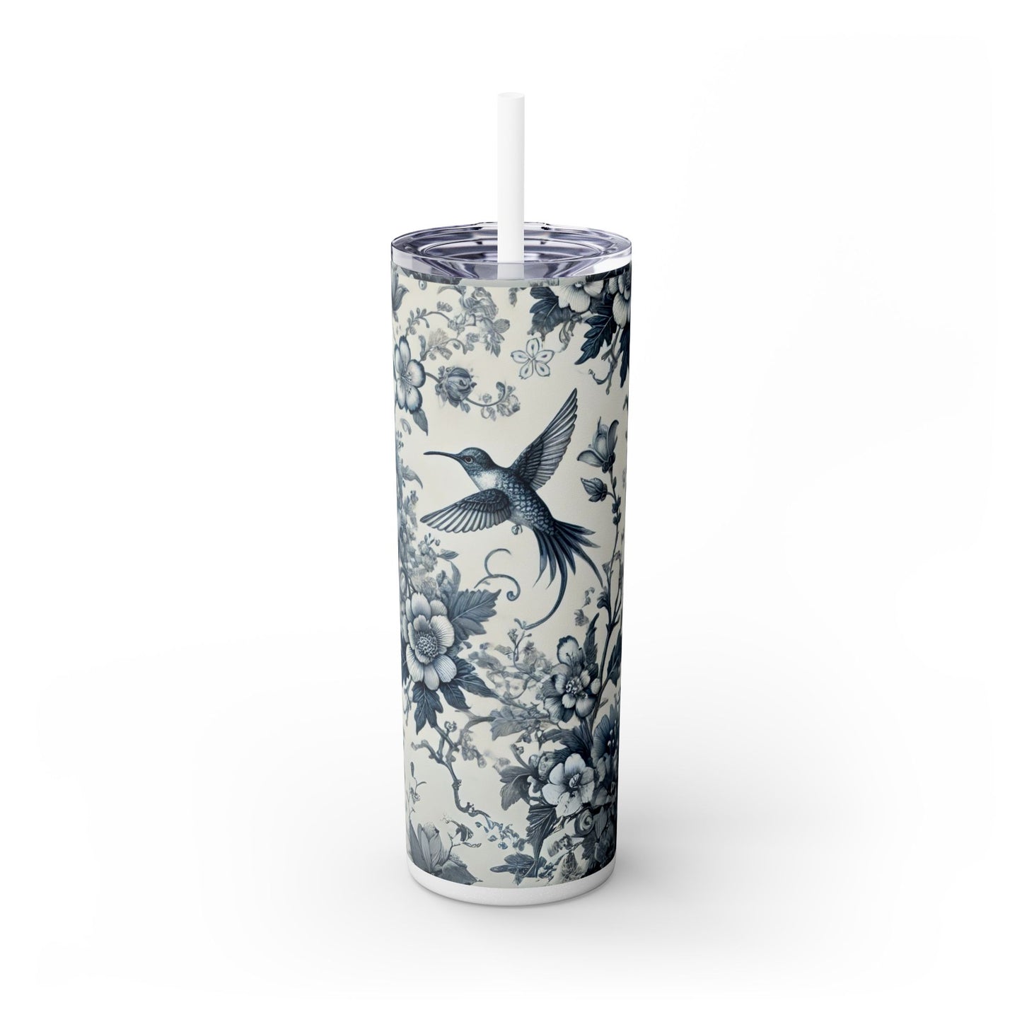 Blue & White Chinoiserie Hummingbird Tumbler | 20oz Maars Skinny Insulated Travel Mug with Lid & Straw | Elegant Floral Bird Design | Gift for Tea & Coffee Lovers