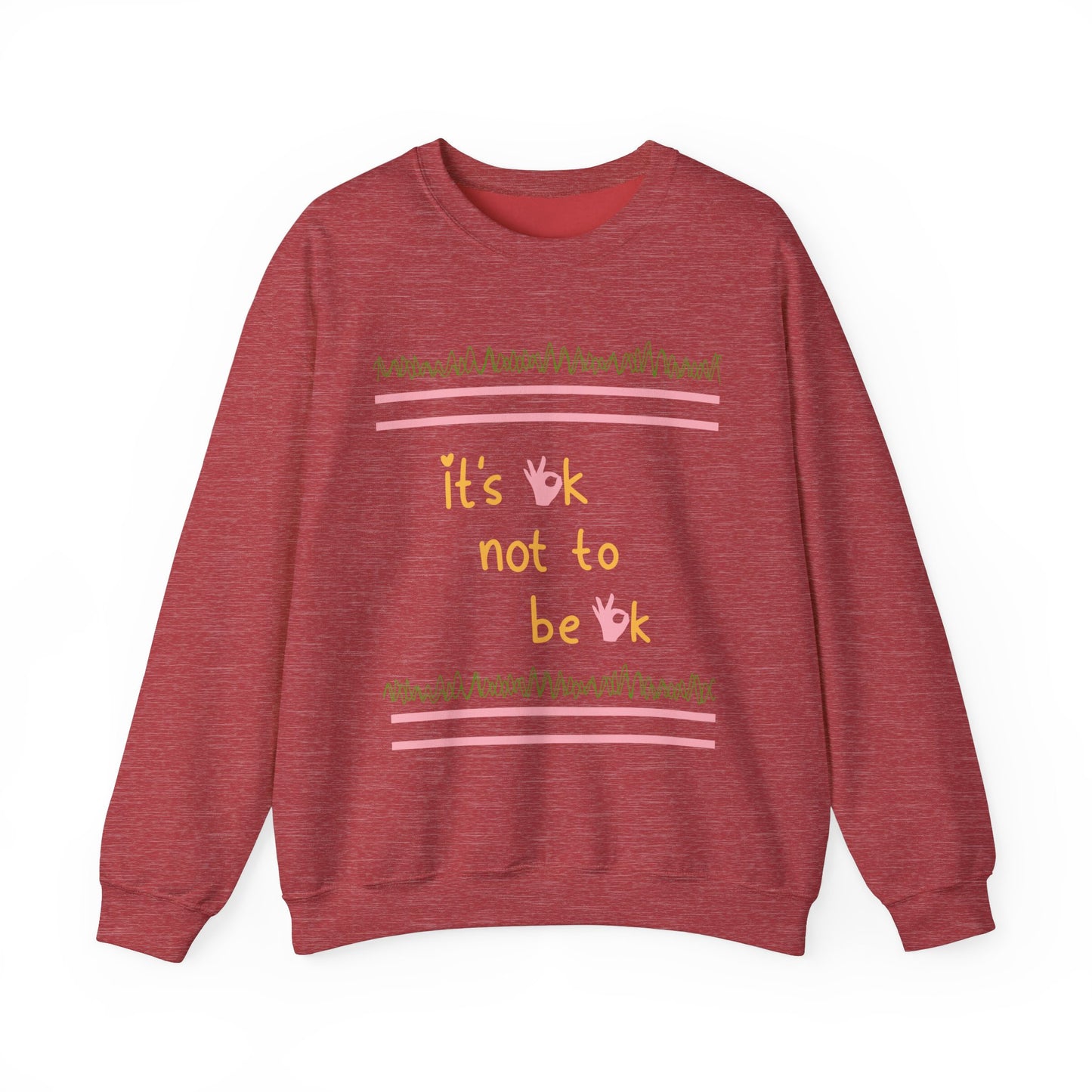 Front view of 'It’s OK Not To Be OK' crewneck sweatshirt in Heather Sport Scarlet Red, displaying motivational message on the front.