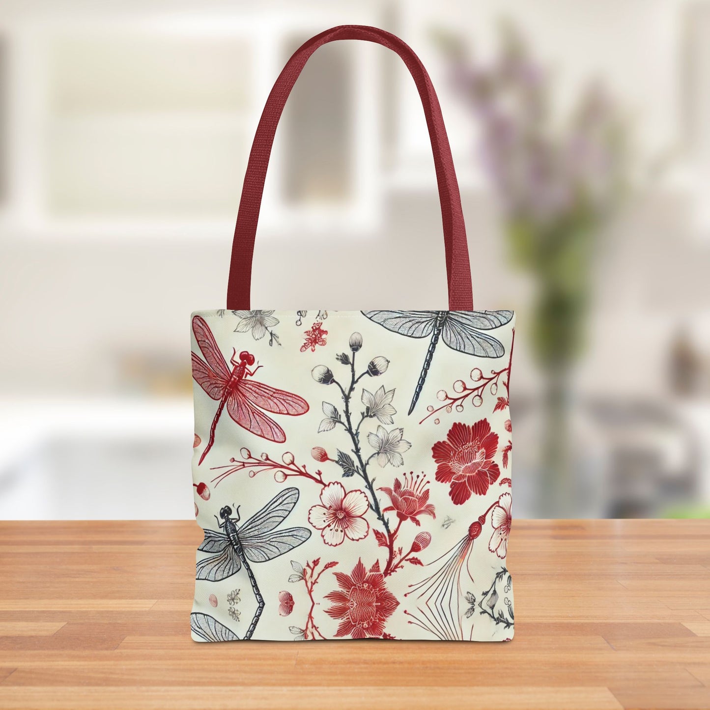 Dragonfly Floral Chinoiserie Tote Bag | Elegant Red & Black Insect Print Bag | Eco-Friendly Polyester Tote | Nature-Inspired Gift