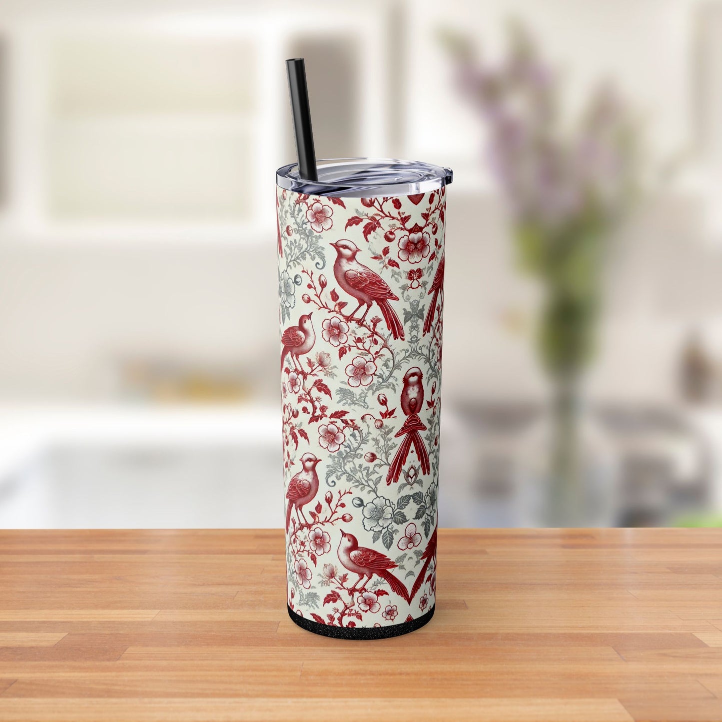 Red & White Chinoiserie Bird Tumbler – 20oz Maars Skinny Tumbler with Straw | Insulated Stainless Steel Travel Mug