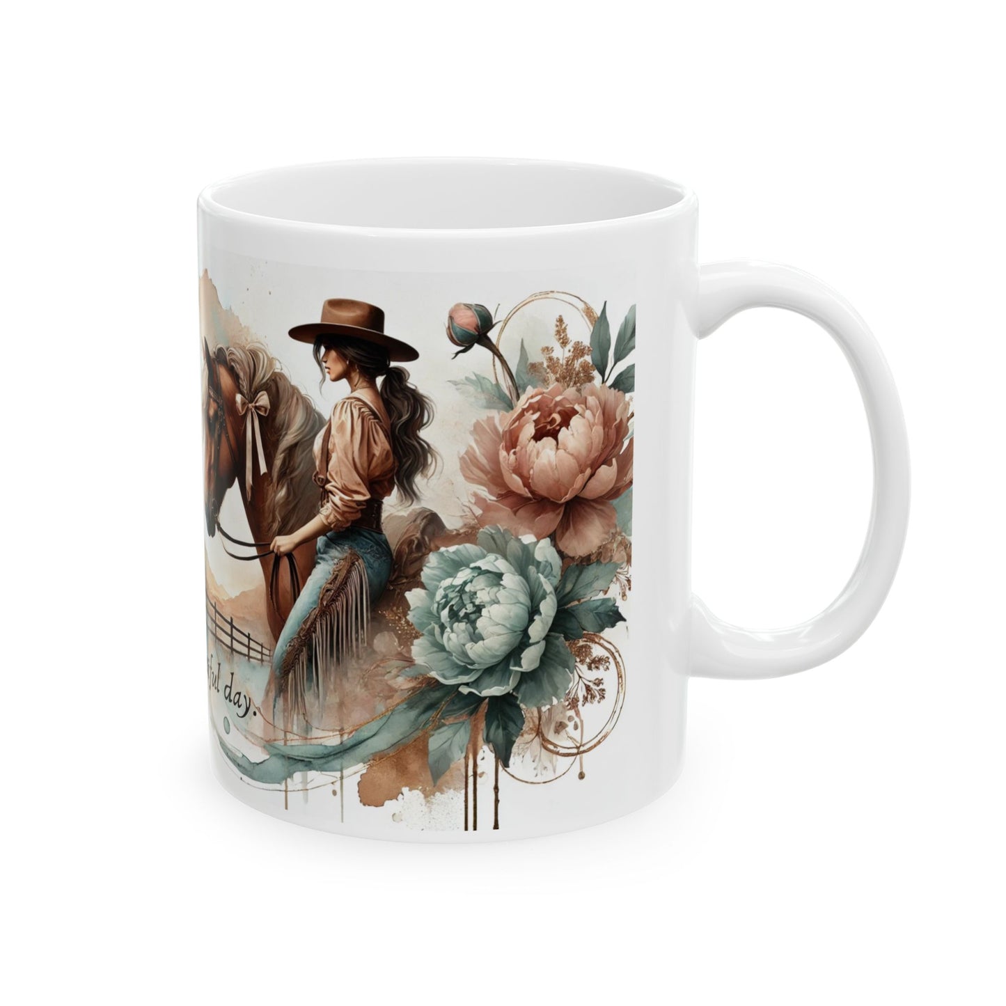 Personalized Western-Themed Coffee Mug | Floral Horsewoman Design | Saddle Up for a Beautiful Day | Custom Name | Available in 11 oz and 15 oz