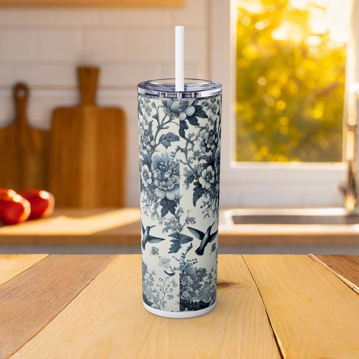 Blue & White Chinoiserie Hummingbird Tumbler | 20oz Maars Skinny Insulated Travel Mug with Lid & Straw | Elegant Floral Bird Design | Gift for Tea & Coffee Lovers