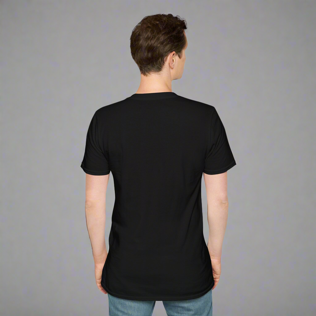 Back view of an adult Trick or Treat Skull Halloween T-Shirt showing the plain back in durable, comfortable cotton material.