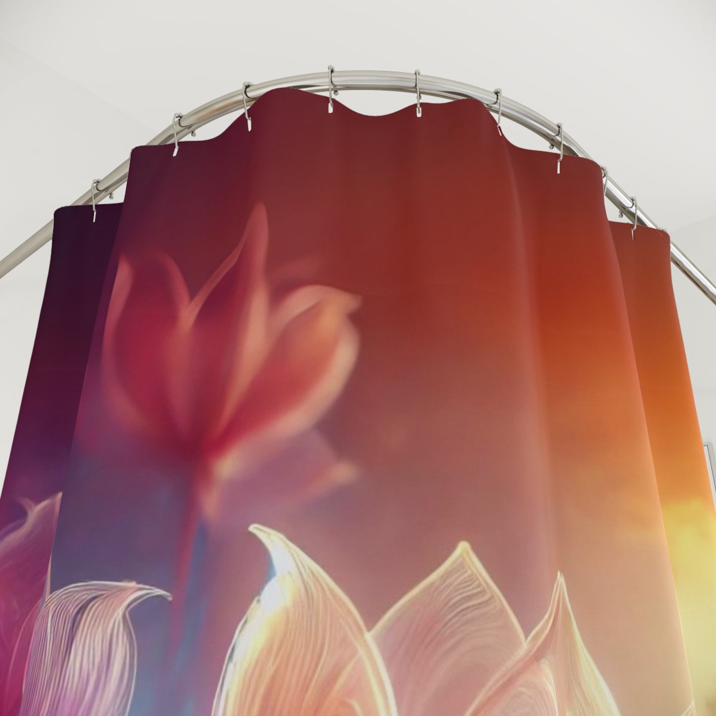 Close-up of vibrant lotus flower details on a serene, spa-like shower curtain.