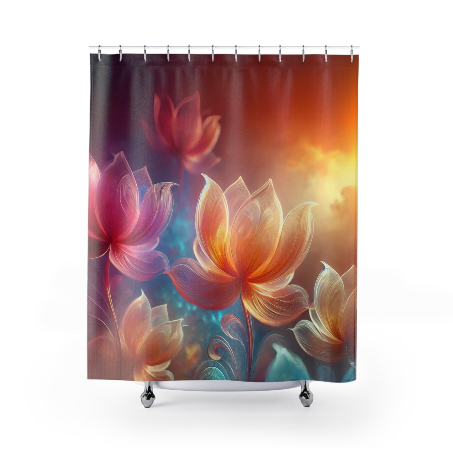 Full view of an ethereal lotus flower shower curtain featuring glowing lotus blooms in vibrant, warm tones.