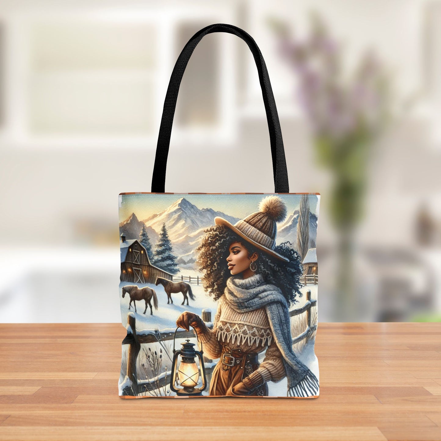 Winter Ranch Scene Tote Bag, Country Western-Inspired Polyester Tote with Cozy Lantern and Plaid Snowflake Backside | Perfect for Winter Fashion