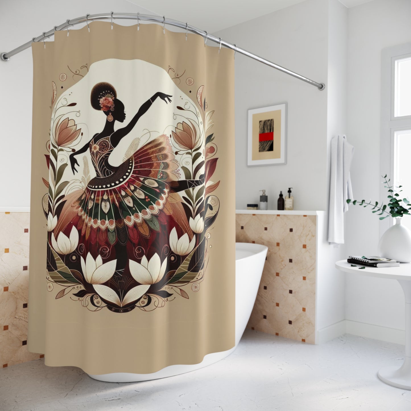 Afro-centric shower curtain featuring an elegant dancer surrounded by intricate floral patterns.