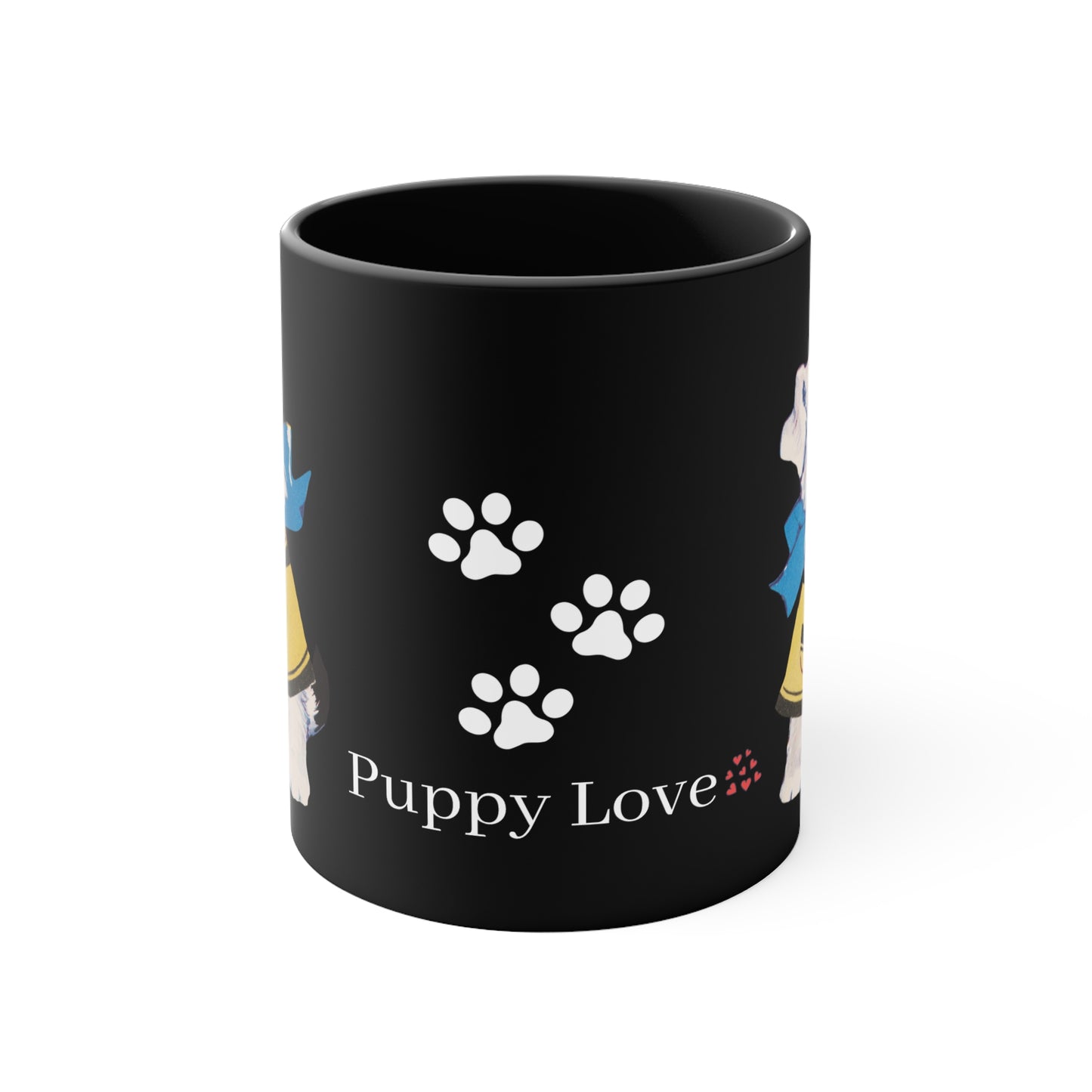 "Puppy love mug featuring Bitsy the dog, perfect for coffee or tea."