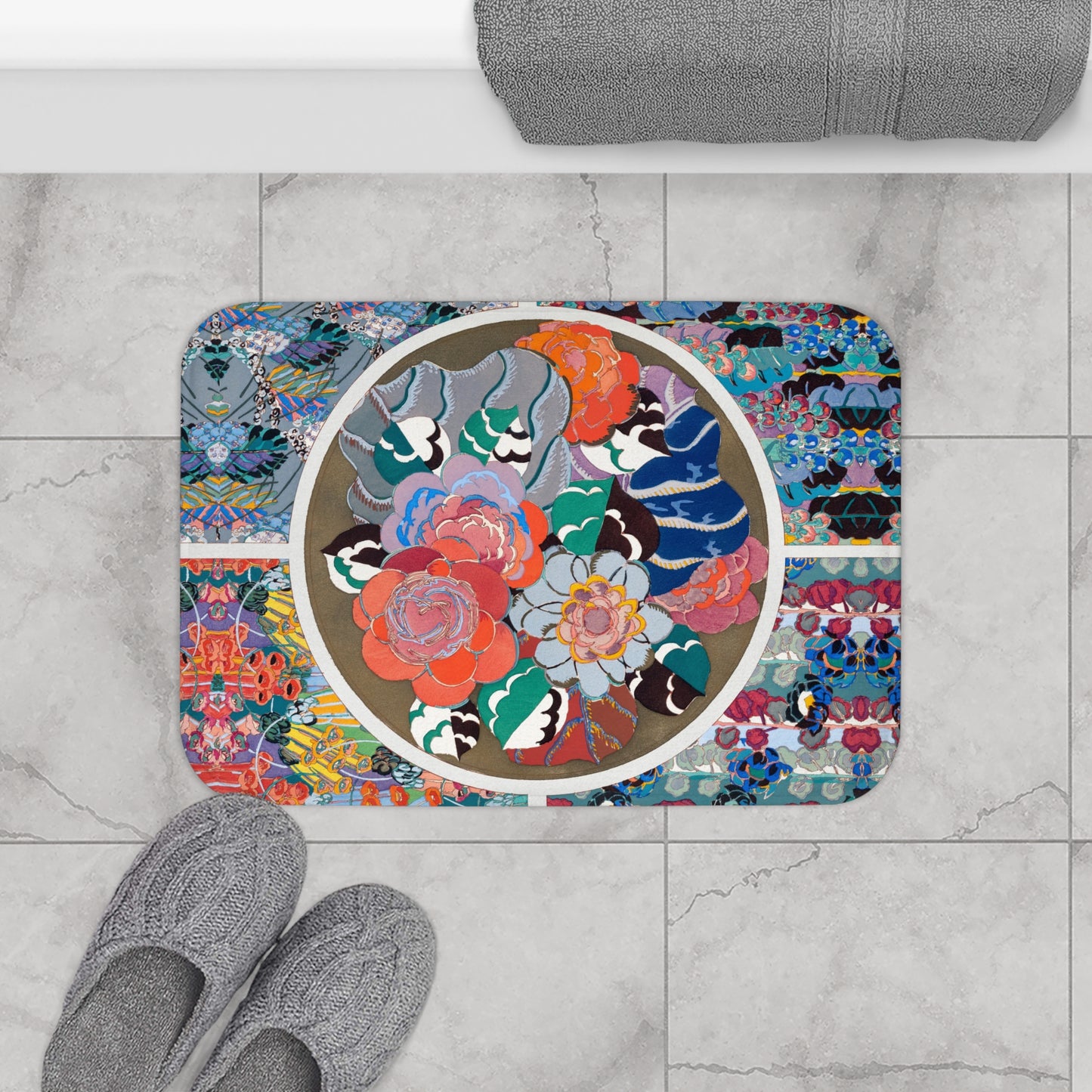 Floral Art Deco bath mat featuring Édouard Bénédictus’ intricate 1928 floral design in vibrant colors, adding vintage elegance to a modern bathroom.