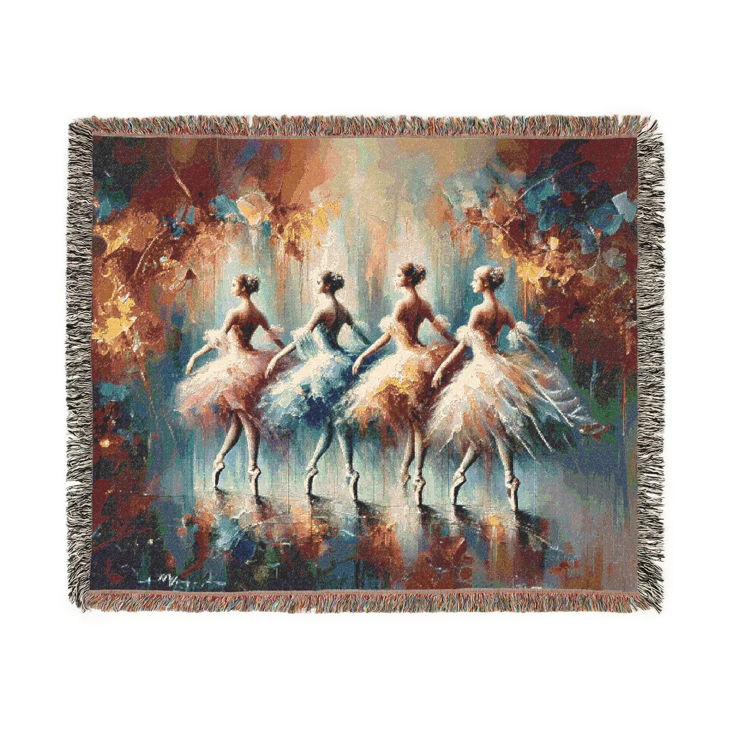 Elegant Ballet Woven Throw Blanket | Ballerina Group Art | Cotton Throw with Fringe | Dance-Inspired Home Decor
