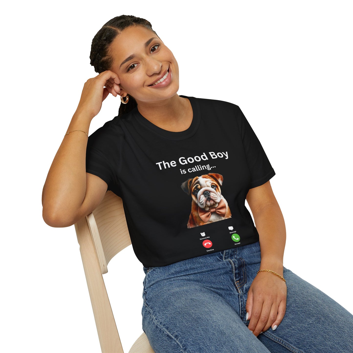 Pet parent T-shirt with "The Good Boy is calling" and cute bulldog design