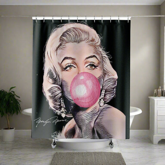 Marilyn Monroe bubblegum shower curtain in modern bathroom setting