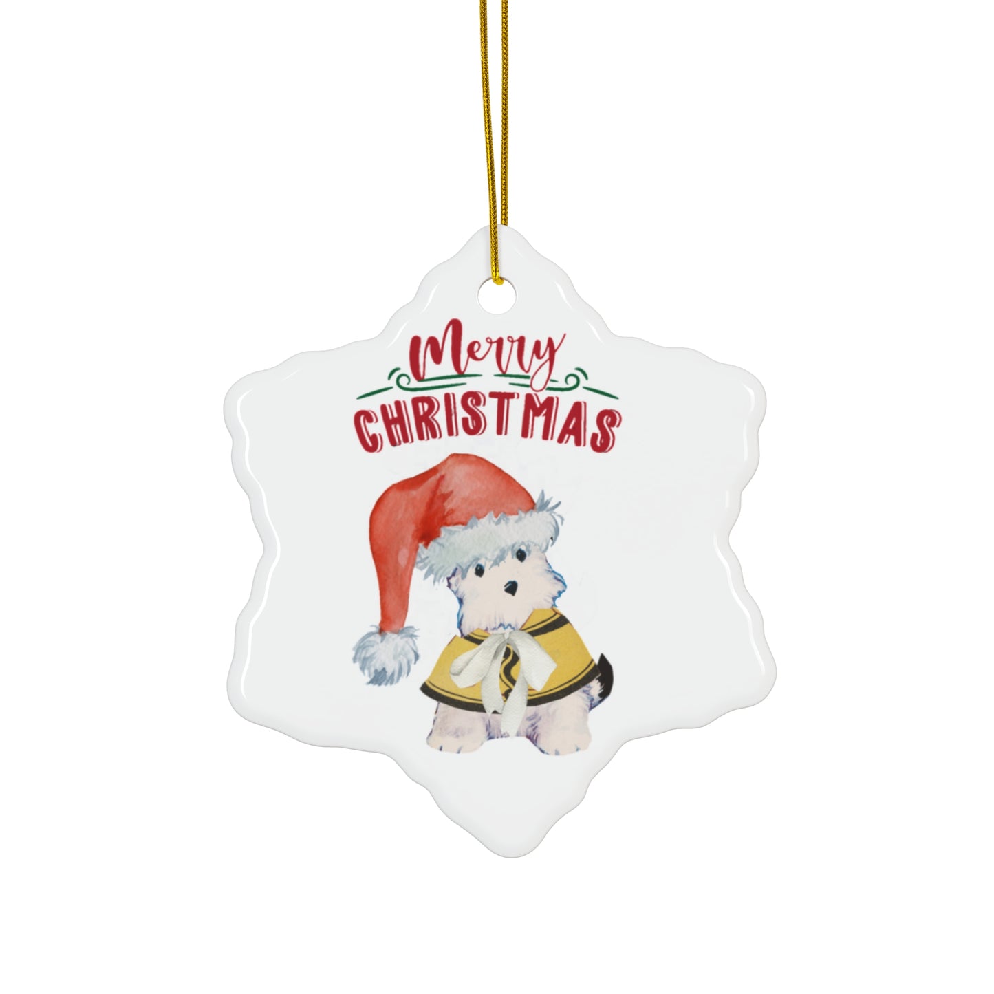 Star shaped ceramic Christmas ornament featuring an adorable puppy named Bitsy wearing a Santa hat and a yellow coat, with the text 'Merry Christmas' in festive red and green font. The ornament is hung by a gold string.