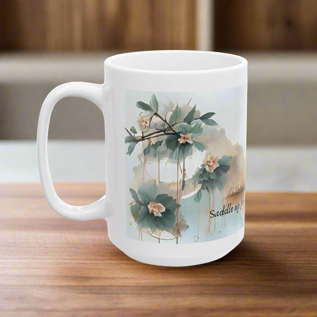 Personalized Western-Themed Coffee Mug | Floral Horsewoman Design | Saddle Up for a Beautiful Day | Custom Name | Available in 11 oz and 15 oz