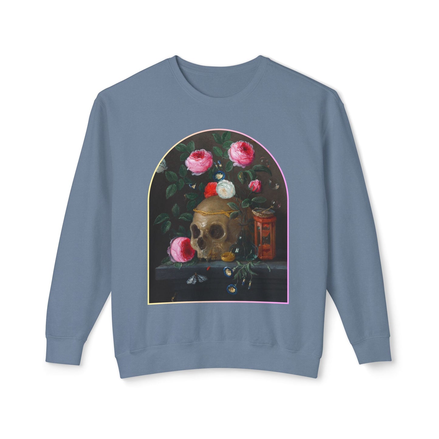 Front view of Vanitas Still Life Unisex Crewneck Sweatshirt featuring Jan van Kessel-inspired vintage art with a skull, roses, and symbolic objects. Color blue.