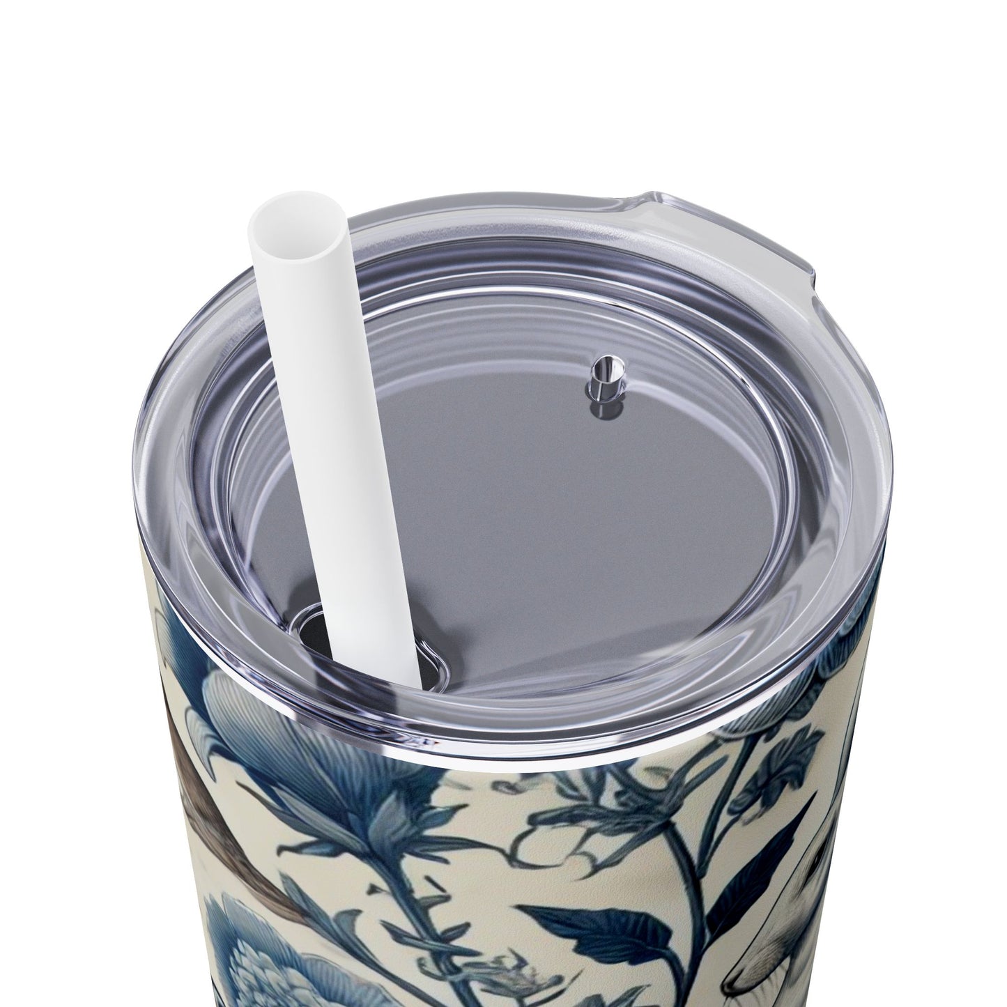 Chinoiserie Blue & White Forest Animals Tumbler | 20oz Maars Stainless Steel Insulated Tumbler with Lid & Straw | Fox & Rabbit Floral Travel Mug