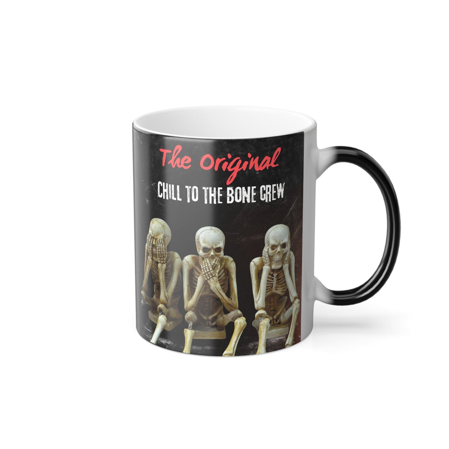 Heat-sensitive magic mug featuring three skeletons doing 'See No Evil, Hear No Evil, Speak No Evil.