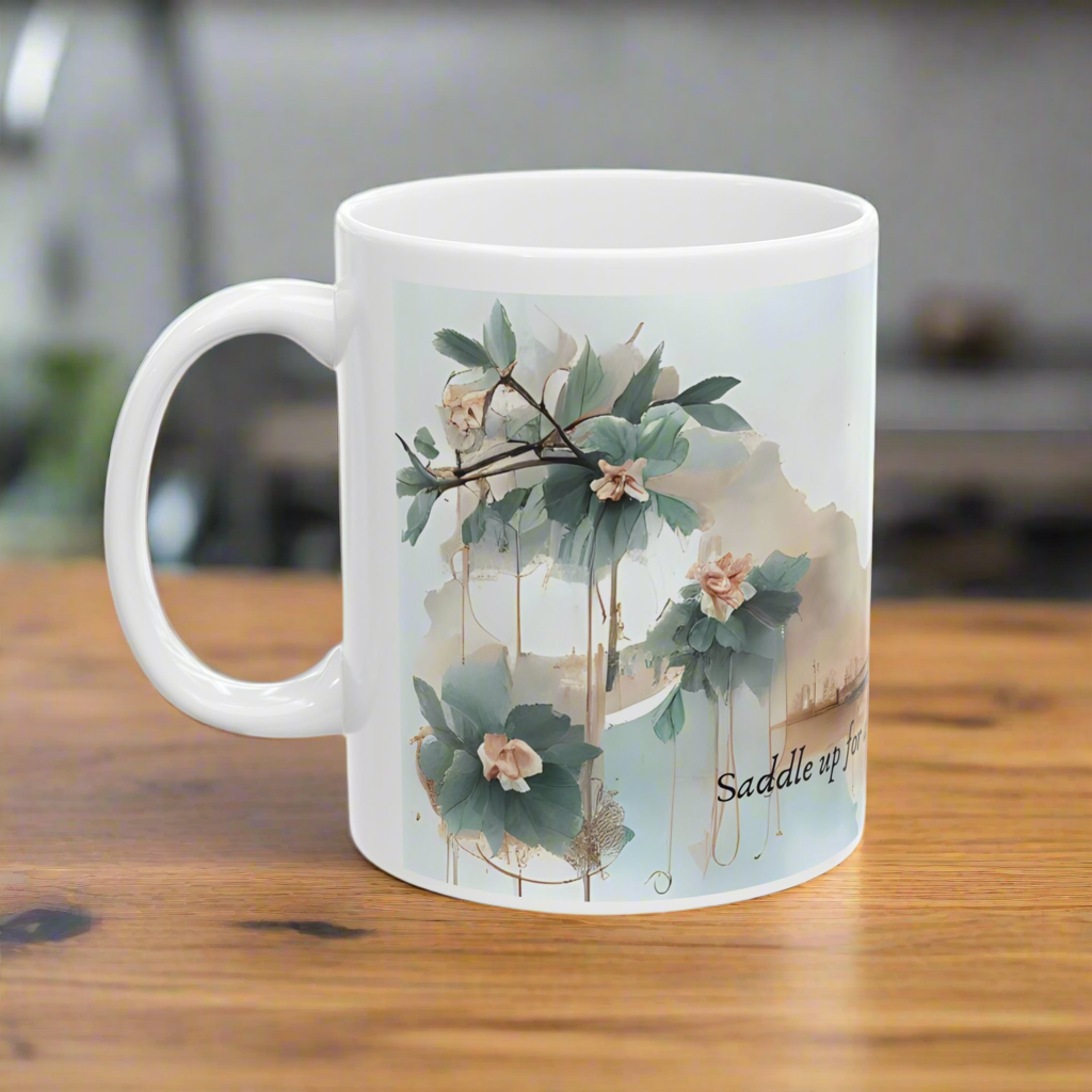Personalized Western-Themed Coffee Mug | Floral Horsewoman Design | Saddle Up for a Beautiful Day | Custom Name | Available in 11 oz and 15 oz