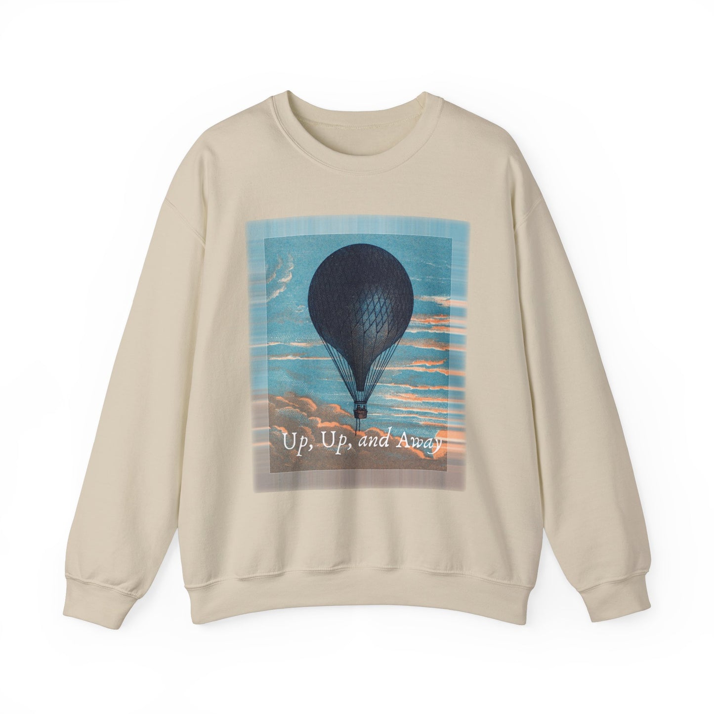 Front view of the "Up, Up, and Away" sweatshirt in sand, highlighting relaxed fit