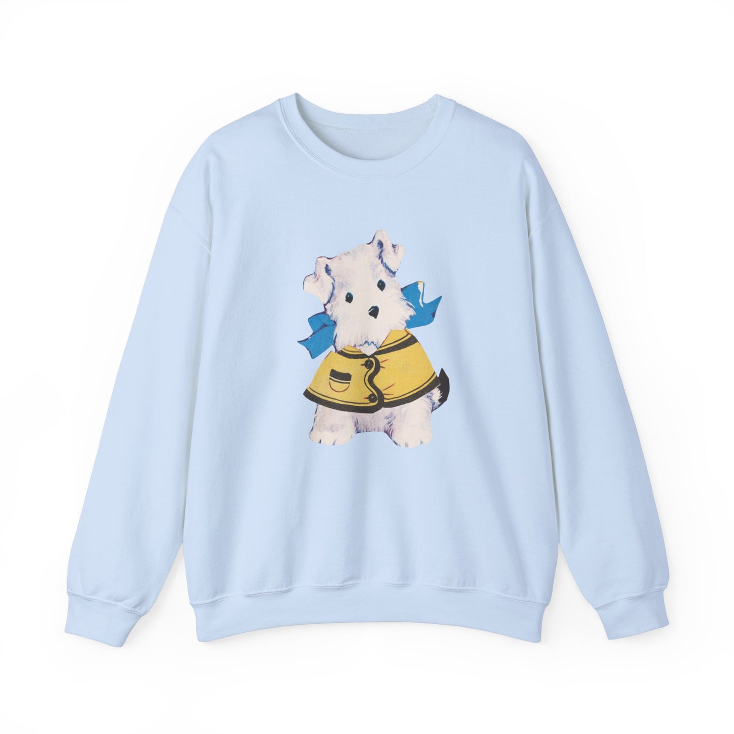 Light blue sweatshirt showcasing the vintage Bitsy puppy design, complete with a yellow jacket and blue bow.