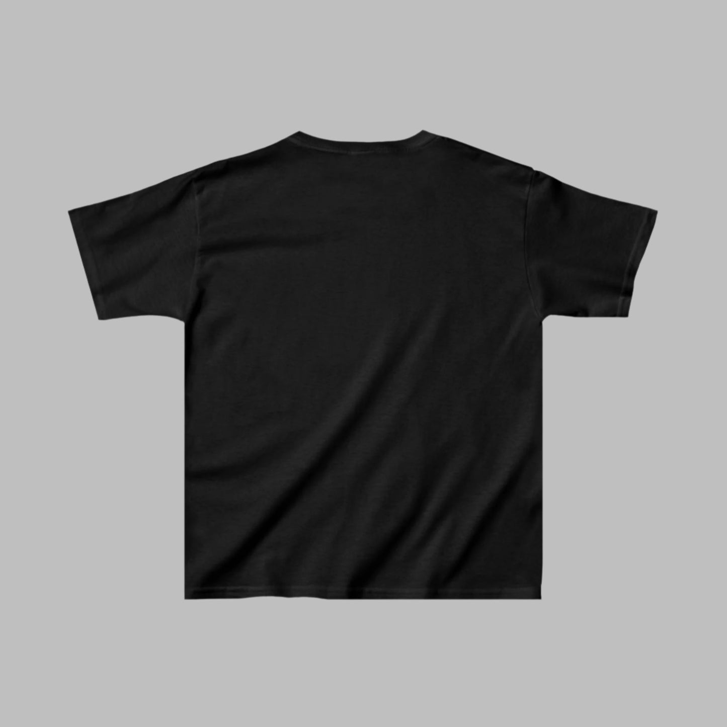 Back view of a black Wicked Cute Bat Halloween Kids T-Shirt displaying a solid black back in soft cotton material.
