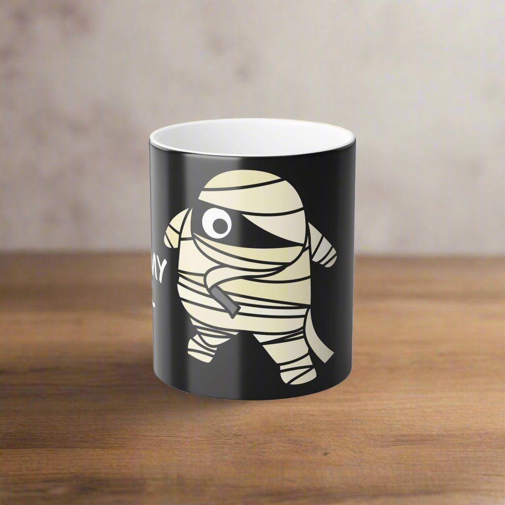 Mummy Fuel Heat-Activated Magic Morphing Mug, 11oz, featuring a Halloween-themed Mummy design that changes color with heat