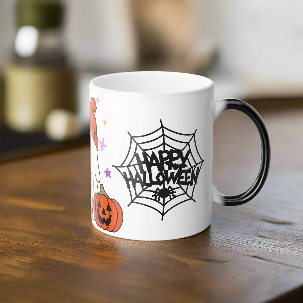Right side view of Wicked Cute Halloween Boo Magic Morphing Mug highlighting the continuation of the ghost and pumpkin artwork on the white background.