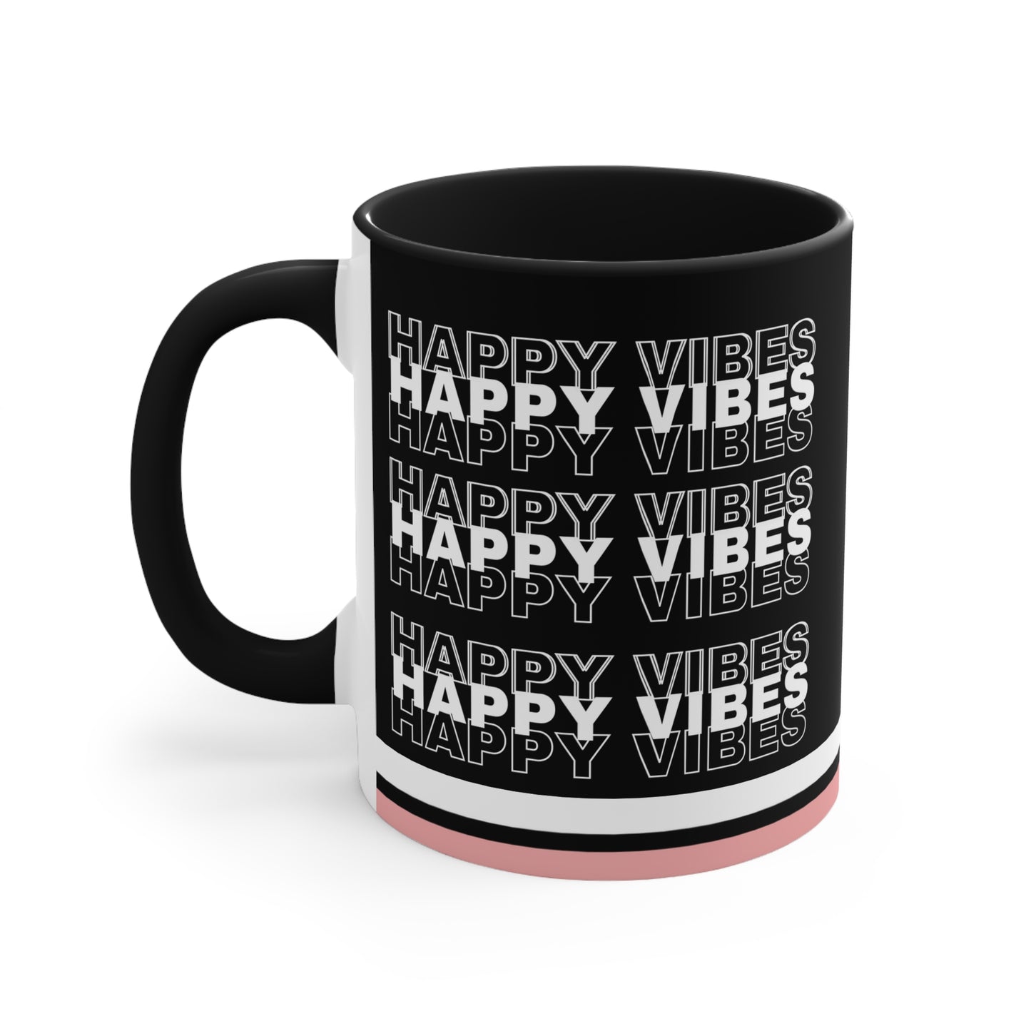 Reverse side of the mug showing “Happy Vibes” repeated design in black and white.