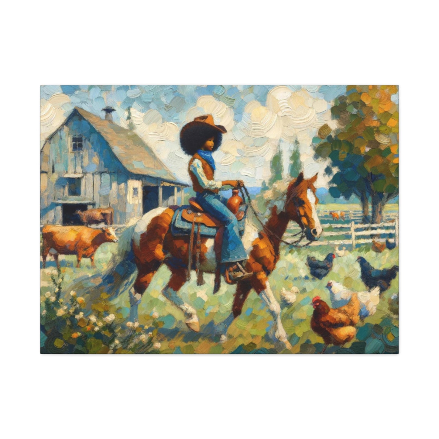 Rustic Farmhouse Wall Art | Cowgirl on Horse Stretched Canvas | Country Barnyard Decor