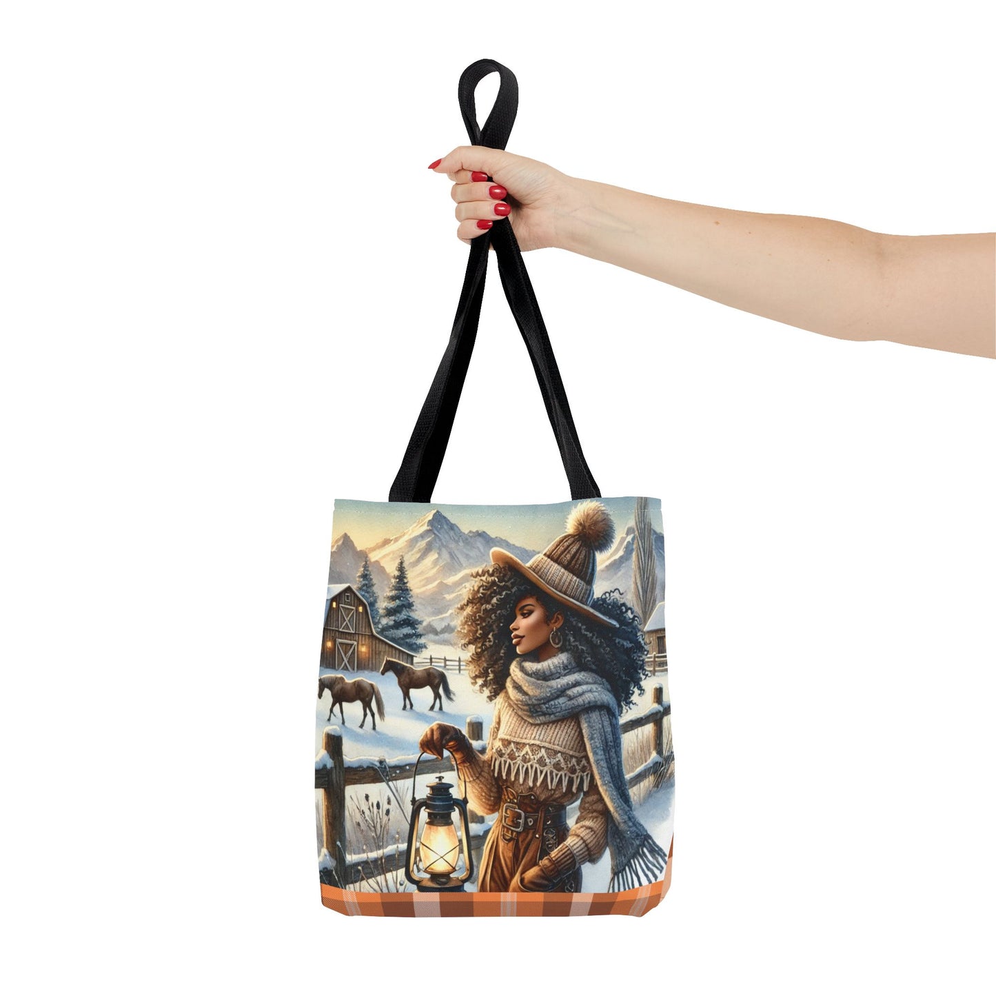 Winter Ranch Scene Tote Bag, Country Western-Inspired Polyester Tote with Cozy Lantern and Plaid Snowflake Backside | Perfect for Winter Fashion