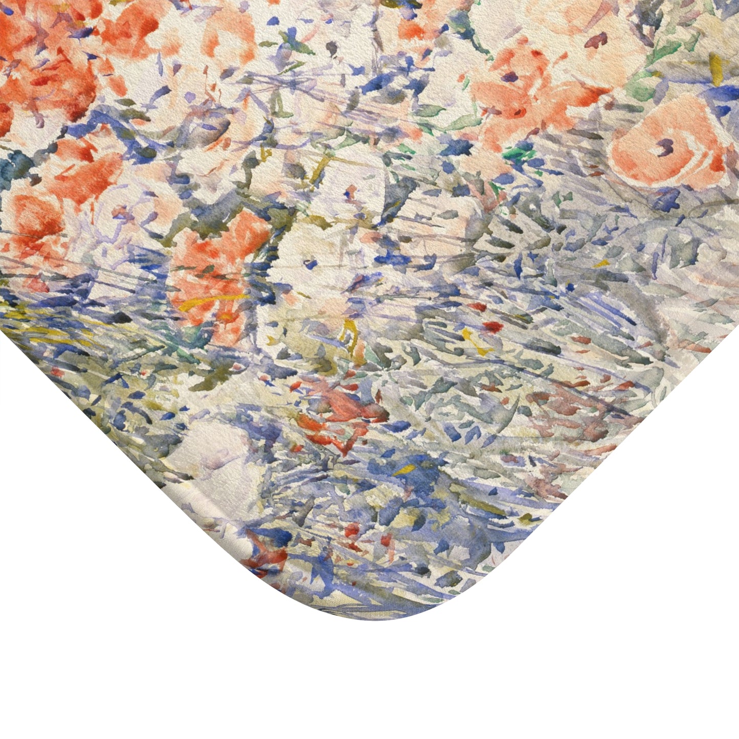 Luxurious bath mat with Childe Hassam’s "The Island Garden" vibrant floral and greenery design, adding elegance and artistic flair to a modern bathroom.