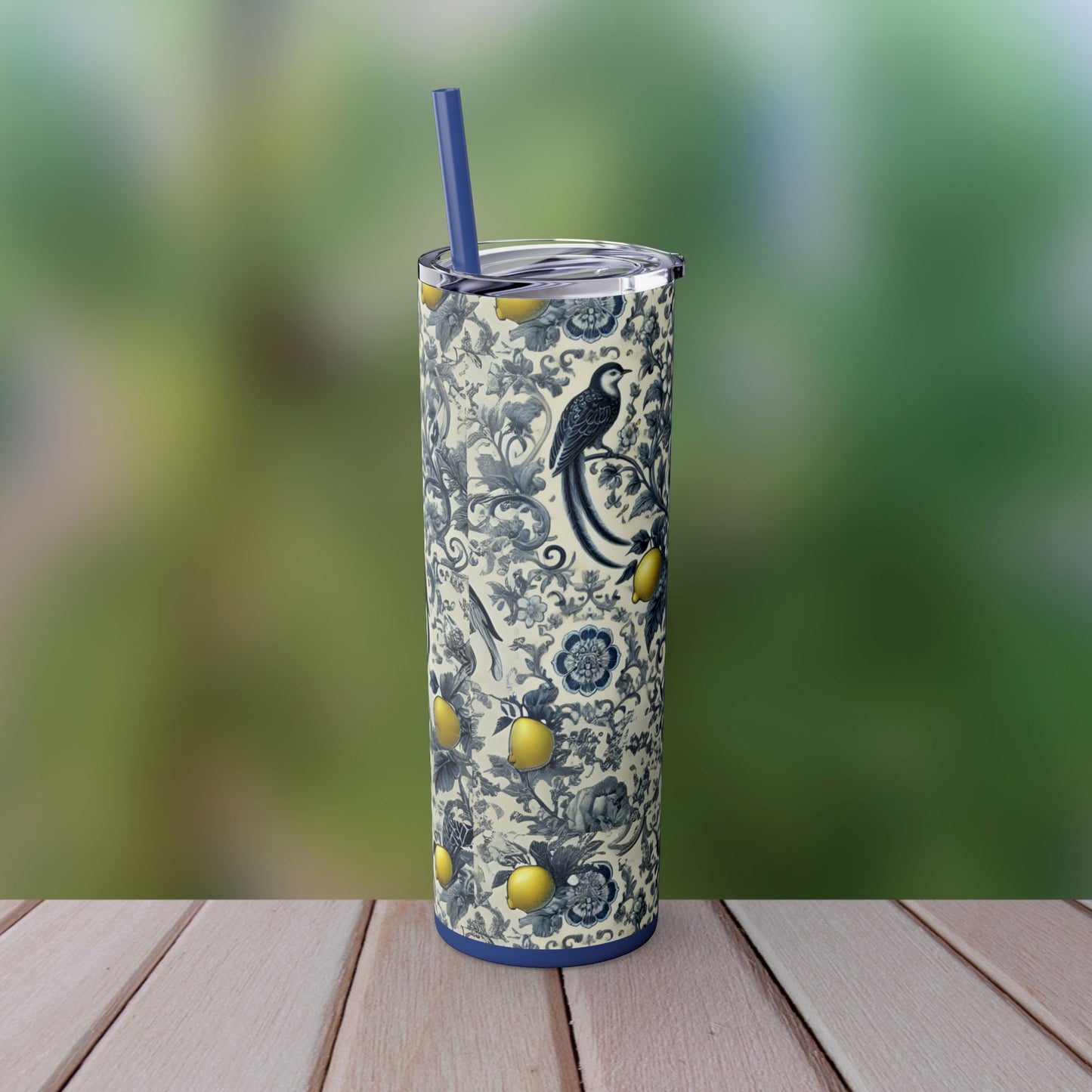 Blue Chinoiserie Lemon Tumbler | 20oz Insulated Travel Cup | Vintage Botanical Birds & Lemons | Includes Straw & Lid