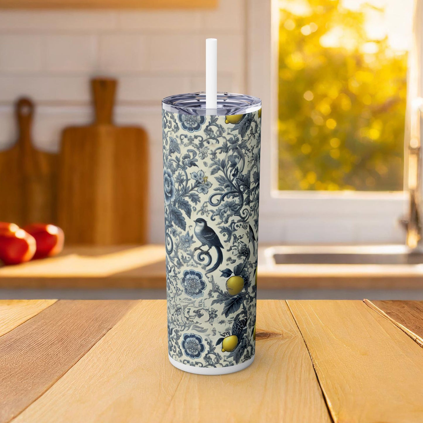 Blue Chinoiserie Lemon Tumbler | 20oz Insulated Travel Cup | Vintage Botanical Birds & Lemons | Includes Straw & Lid