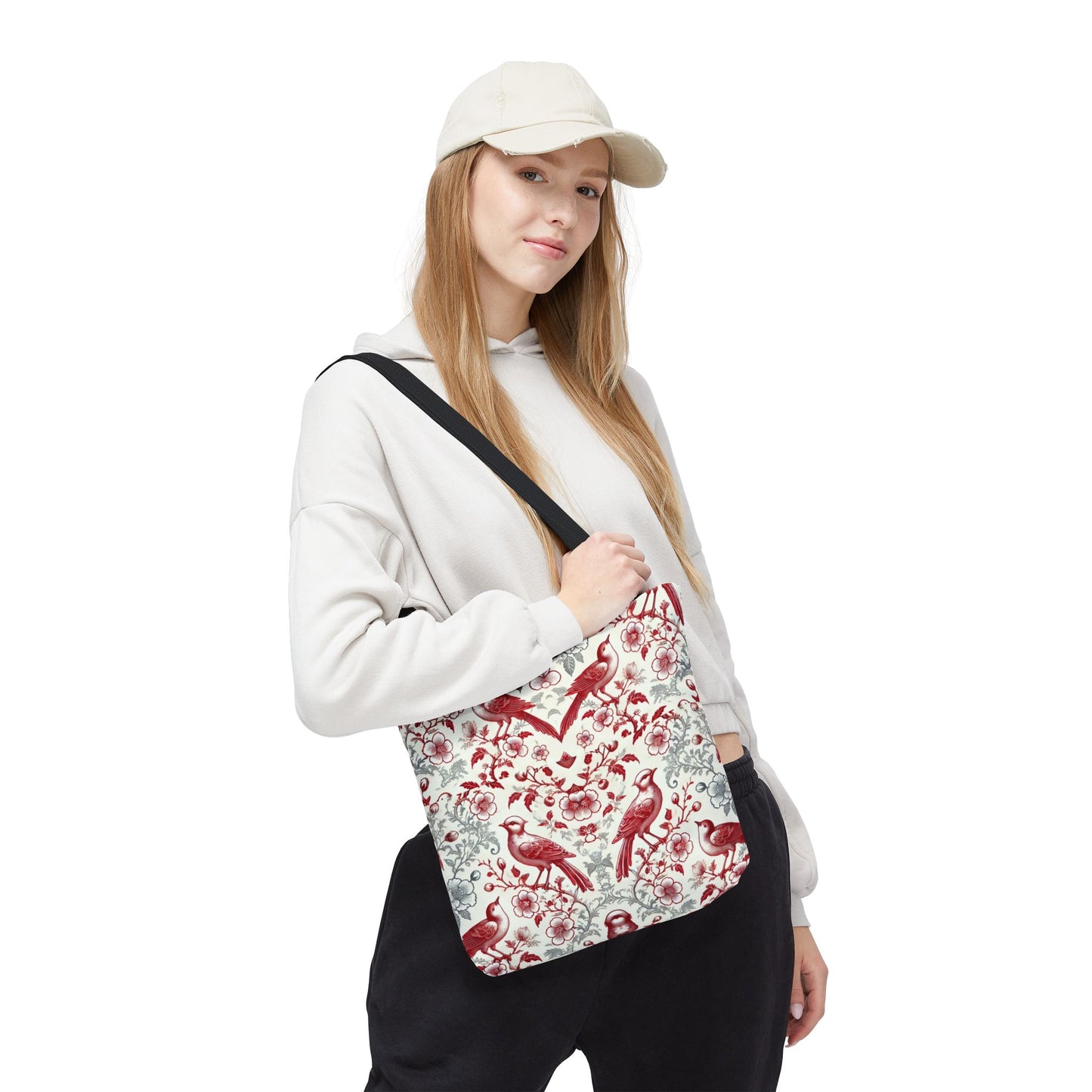 Red & Gray Chinoiserie Bird Tote Bag | Elegant Vintage Floral Baroque Tote | White or Black Handle Option | Reusable Fabric Bag