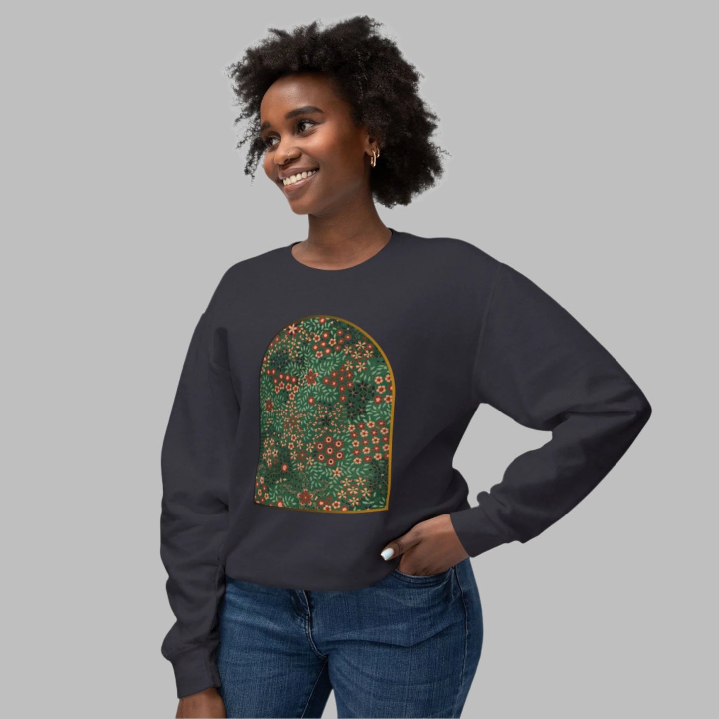 Unisex crewneck sweatshirt featuring a vibrant floral garden design with lush botanical patterns.
