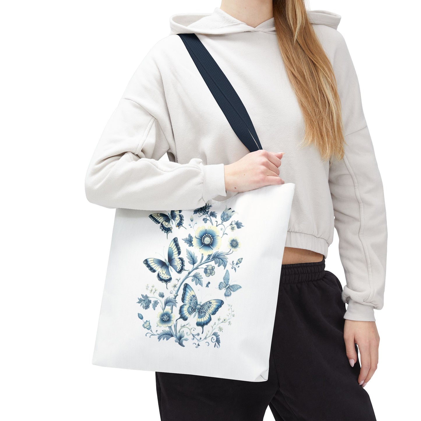 Chinoiserie Butterfly Tote Bag – Elegant Blue & White Floral Tote | Soft Polyester Shopping Bag | Aesthetic Everyday Carry-All