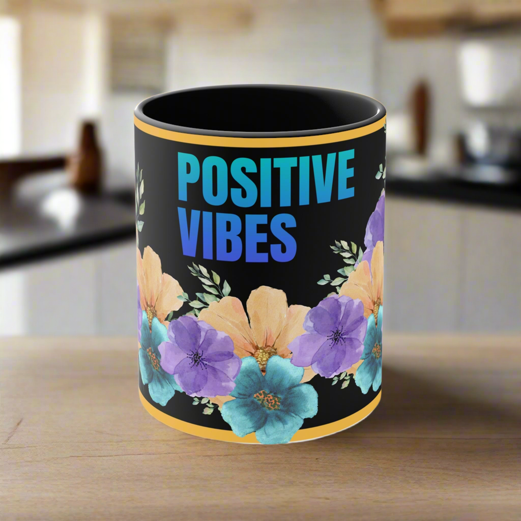 Positive Vibes Floral Mug – Motivational Floral Coffee Mug with Inspirational Quote