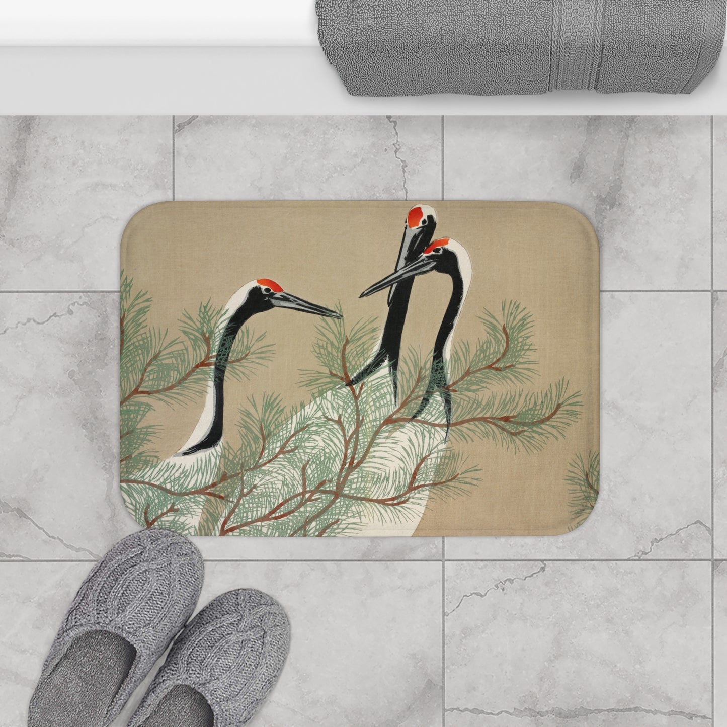 Elegant Crane Bath Mat featuring Kamisaka Sekka’s Design from Momoyogusa–Flowers of a Hundred Generations (1909)