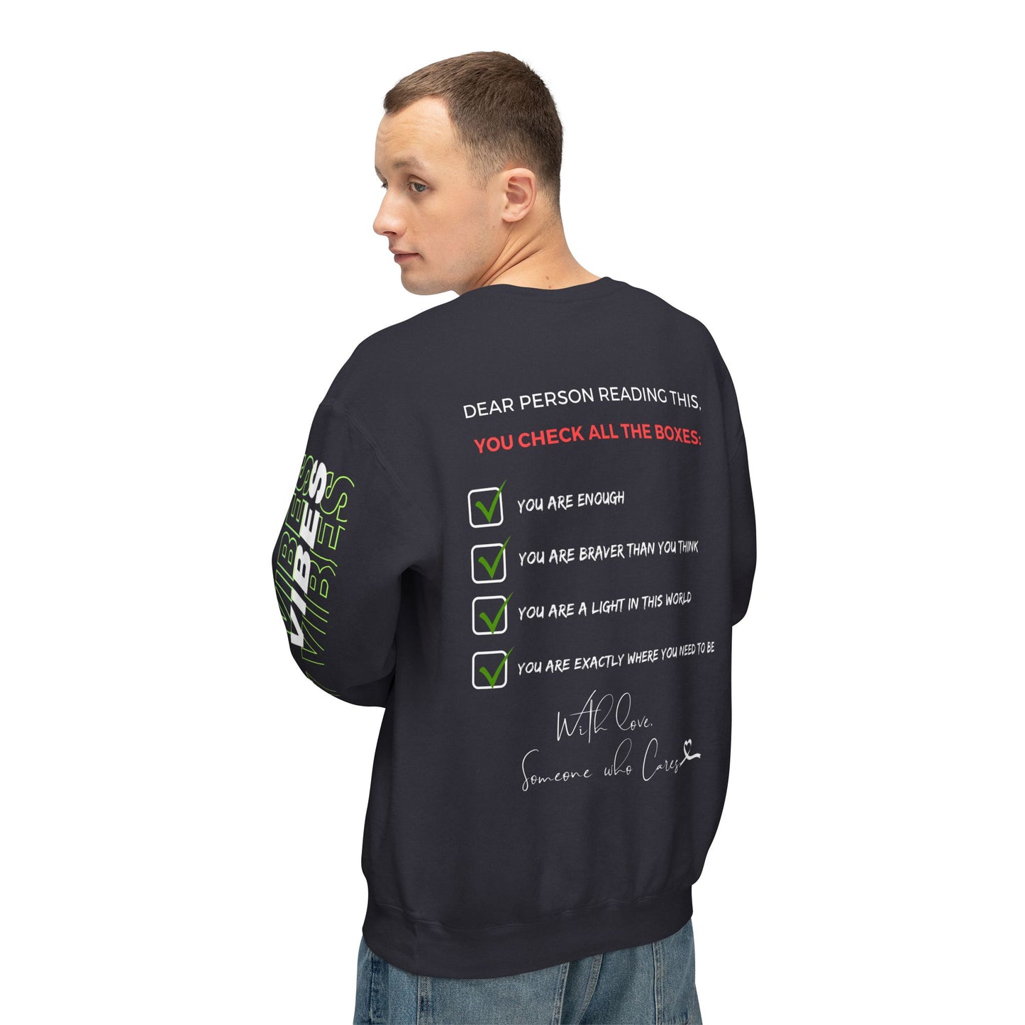 Male model showing the back of the sweatshirt featuring positive affirmations in checklist format.