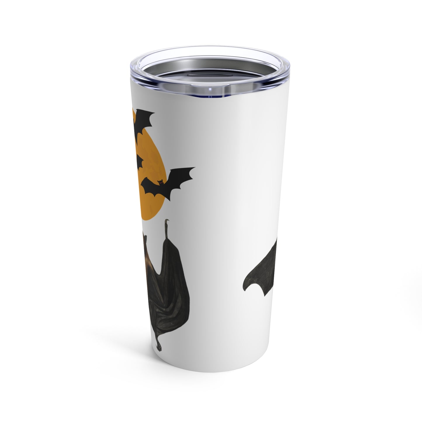 Side view of the Wicked Cute Bat 20oz Stainless Steel Tumbler, highlighting the bat design and smooth stainless steel finish