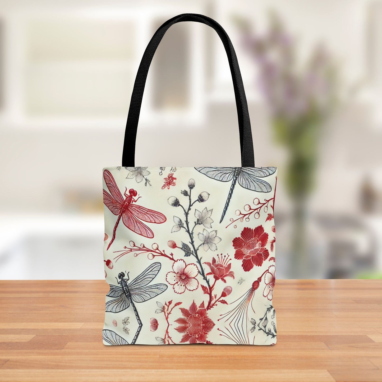 Dragonfly Floral Chinoiserie Tote Bag | Elegant Red & Black Insect Print Bag | Eco-Friendly Polyester Tote | Nature-Inspired Gift