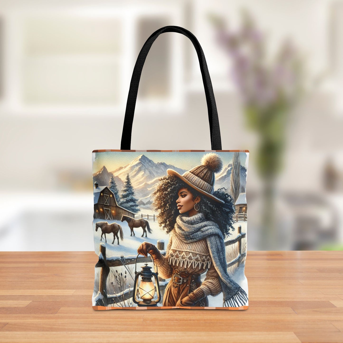 Winter Ranch Scene Tote Bag, Country Western-Inspired Polyester Tote with Cozy Lantern and Plaid Snowflake Backside | Perfect for Winter Fashion