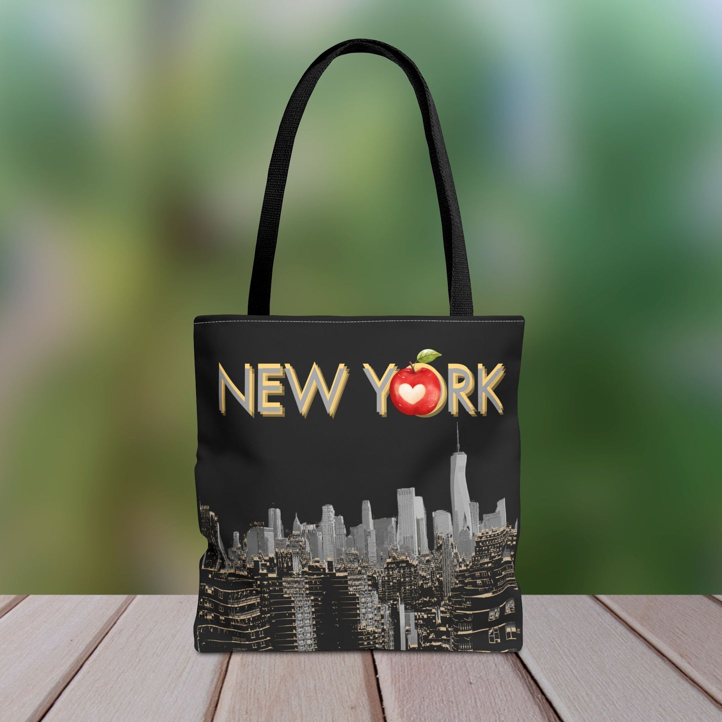 Back view of New York Skyline Tote Bag front view with NYC skyline and apple icon design.
