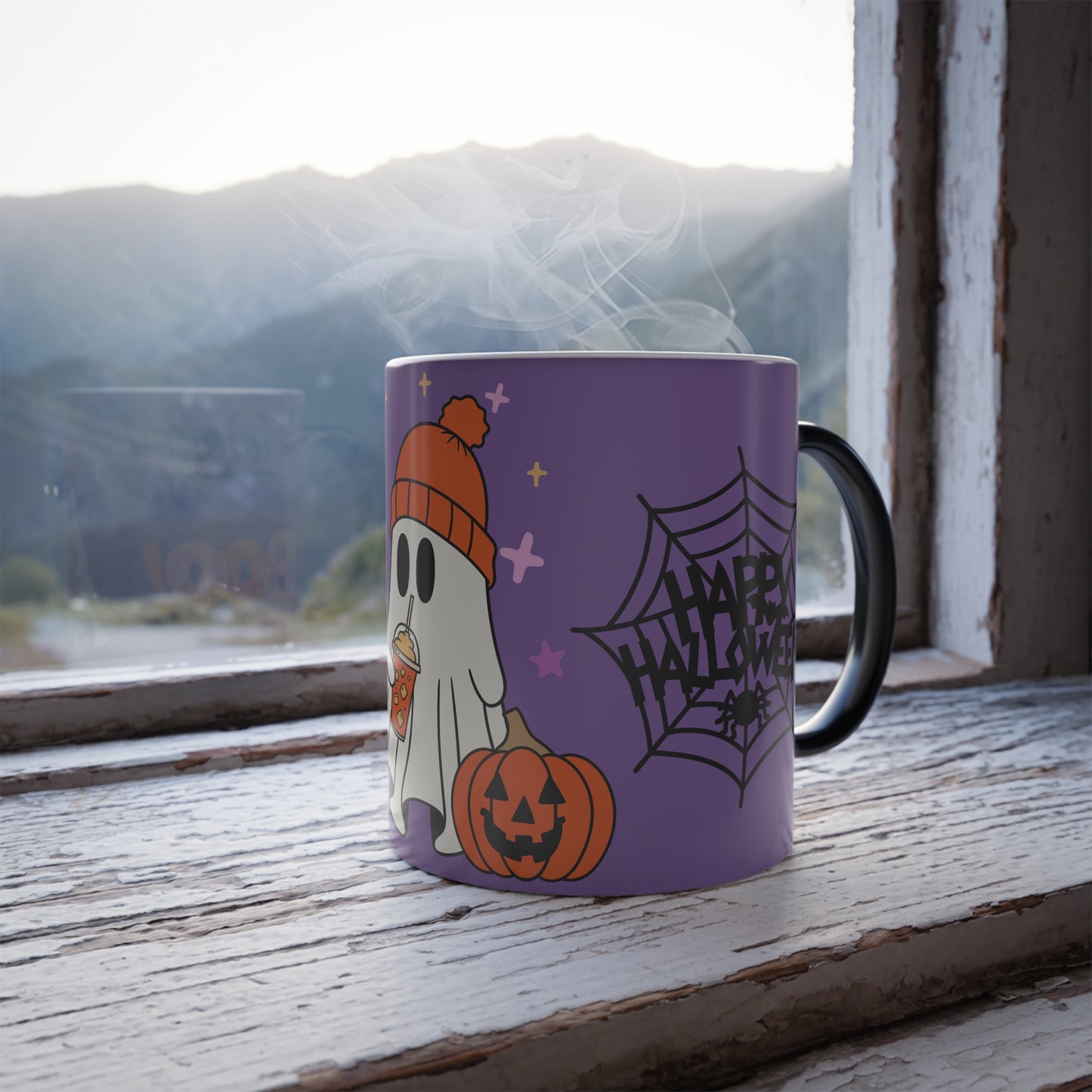 Left side view of Wicked Cute Halloween Boo Magic Morphing Mug showing the same ghost and pumpkin design on a purple background.