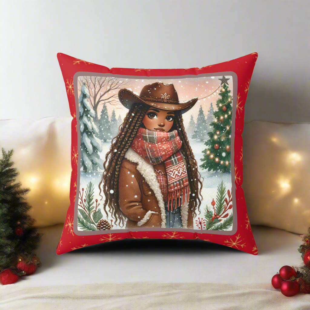 Festive decorative pillow styled on a sofa with Christmas lights and holiday décor accents in the background.